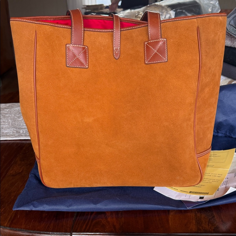 Dooney & Bourke Cognac Suede Tote with Red Lining - Picture 3 of 9